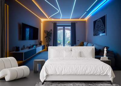 A modern and confortable living room illuminated by led strips - Generative AI Wall mural