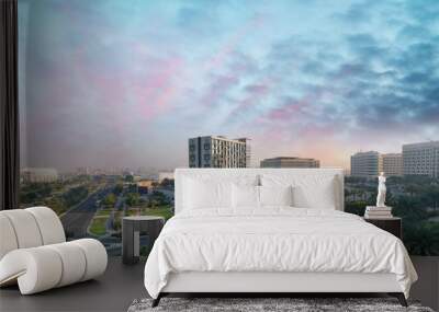 Aerial view of Abu Dhabi Yas Island skyline at sunset, UAE Wall mural