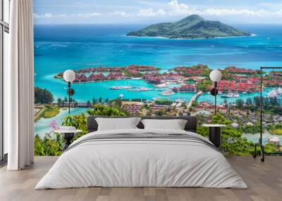 Aerial view of Mahe' Island, Seychelles. Vegetation and homes Wall mural