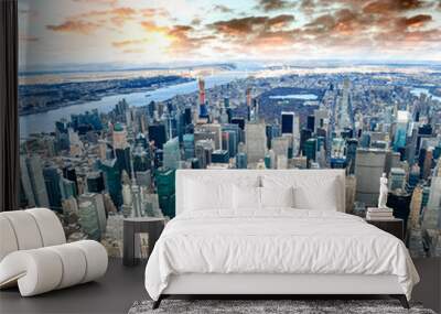 Aerial view of Manhattan skyline from the sky on a cloudy day, New York City at sunset Wall mural