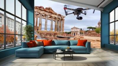 Behold the stunning contrast of old and new as a drone hovers over the ancient ruins of Rome Wall mural