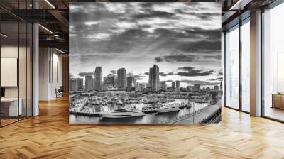 Black and white view of Downtown Miami. Panoramic shot from Port Boulevard Wall mural