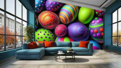 Colorful Easter Eggs Background with Spring Flowers - Generative AI Wall mural