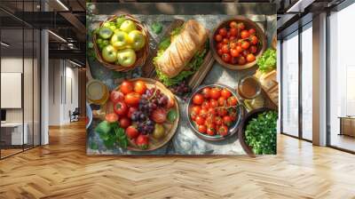 Illustrate a family picnic in the park, with a spread of vegetarian sandwiches, salads, and fruit platters, made with love Wall mural