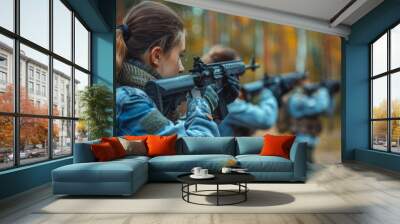 Illustrate a moment of shooting accuracy as a marksman takes aim at a target in the shooting event. Wall mural