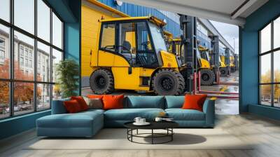 illustrate the safety measures in place on a construction site, with cranes and forklifts operating  Wall mural