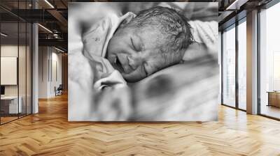 Mother and infant child resting after delivery at hospital, newborn and mother in hospital. First touch Wall mural