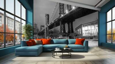 NEW YORK CITY - DECEMBER 6, 2018: Night view of the Empire State Building through the pylons of Manhattan Bridge. View from Washington Street in Dumbo Wall mural