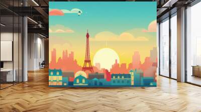 Paris city panorama, urban landscape with modern buildings. Business travel and travelling of landmarks. Illustration, web background. Skyscraper silhouette. France - Generative AI Wall mural