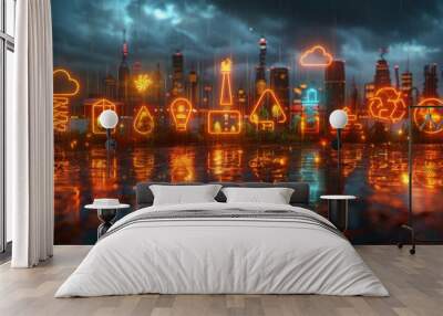 Produce a neon set of climate adaptation symbols, including illuminated Wall mural