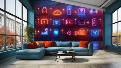 Produce a neon set of smart home hubs symbols, including Wall mural