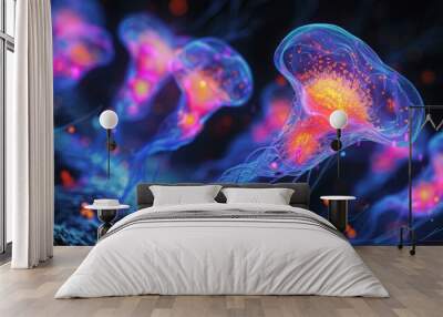 Showcase the process of neurogenesis in the brain, illustrating how neural stem cells divide and differentiate into new neurons throughout Wall mural