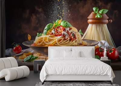 Spaghetti Aglio Olio e Peperoncino on a dark background - Generative AI Wall mural