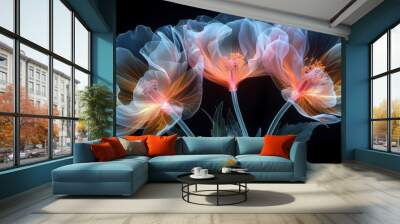 X-ray scan of a bouquet of flowers, highlighting the stems, petals, and leaves. Wall mural