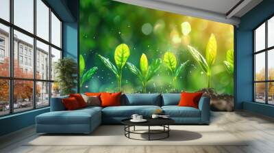 A group of young plants sprouting from the soil with sunlight, symbolizing growth and new beginnings, banner Wall mural