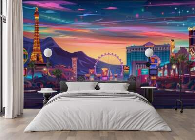 Abstract Background Las Vegas. The energy of Las Vegas after dark with an illustration showcasing its iconic landmarks, abstract background, and banner design.  Wall mural