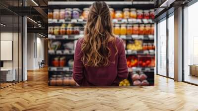 back view of young woman looking at jars with canned food in supermarket, woman comparing products in a grocery store Wall mural