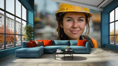 Beautiful Polish woman construction worker smiling proudly at her work, wearing a hard hat and safety gear on site. Concept of women in construction, empowerment, and professional pride.
 Wall mural