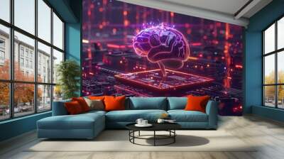 Big data and artificial intelligence concept. Human brain glowing from processor, symbolizing the fusion of human intelligence and machine learning capabilities. Evolution of technology of data. Wall mural