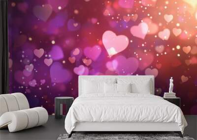 Blurred glittering hearts and lights. Gradient pink and purple abstract backdrop. Romantic and love concept. Valentines day background for design greeting card, banner, flyer, poster Wall mural