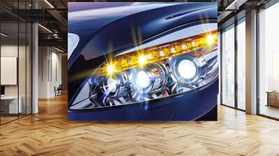 Car headlight with copy space macro view closeup of modern prestigious car 3d illustration Wall mural