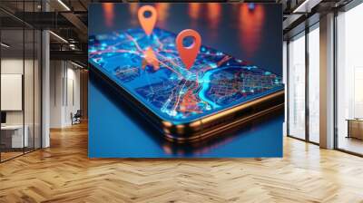 Cell phone with location icon, gps icon on mobile screen, blue background Wall mural