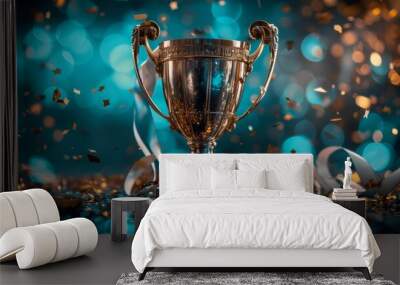 championship cup or winner trophy in golden and silver shiny chrome with celebration confetti and ribbon decoration as wide banner with copy space area Wall mural