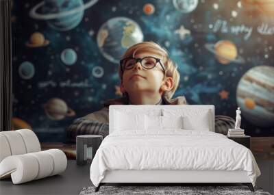 Cheerful schoolboy dreaming at astronomy lesson about space travel, student learning universe exploration in classroom, back to school concept for education and development of imagination Wall mural