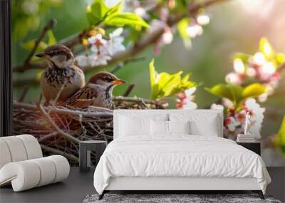 Cozy heart shaped nest with two sparrow birds. Modern private country house in spring cherry blossom garden background. Real estate, moving home or renting property concept. Panorama with copy space. Wall mural