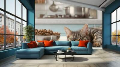 Cute fluffy cat eats pet food from bowl. The kitten is not eating. Healthy food for pets. Dietary balanced food. Modern interior, white kitchen. No people. Place for text, сopy space. Ai Generative Wall mural