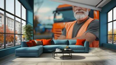 delivery driver adult elderly senior standing in front of shipping lorry cargo truck concept of employment job occupation in logistics business industry  Wall mural