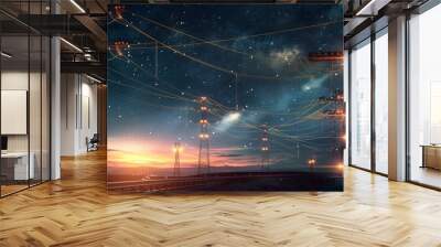 Electricity transmission towers with glowing orange wires against a starry night sky, depicting energy infrastructure - Concept of power supply, voltage management, and technological advancement
 Wall mural