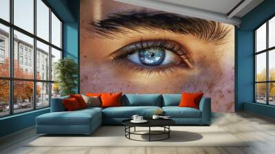 Extreme close-up of a blue eye with detailed iris and freckles, showcasing human beauty and uniqueness. Concept of beauty, human, and detail.
 Wall mural