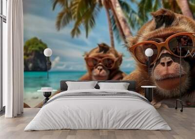 Funny animal monkey summer holiday vacation photography banner background - Closeup of monkeys with sunglasses , chilling relaxing at the tropical ocean beach, in a lounge chair Wall mural