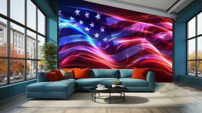 Futuristic 3D-rendered U.S. flag composed of vibrant neon lights, symbolizing a modern and innovative take on national pride. Concept of patriotism, digital art, and futuristic design.
 Wall mural