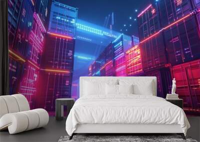 Futuristic digital cargo containers glowing in neon lights, high-tech shipping logistics network. Modern technology illustration banner with copy space, transportation industry, global trade concept Wall mural