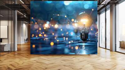 Glowing lightbulb with digital network connections and bokeh lights in the background, symbolizing technology, ideas, and innovation. Concept of creativity, connection, and futuristic thinking.
 Wall mural