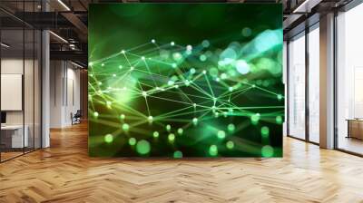 Green abstract background with a network grid and particles connected. Sci-fi digital technology with line connect network and data graphic background. Abstract polygonal wallpaper Wall mural