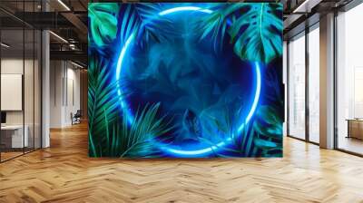 Green and blue glowing neon ring with exotic palm tree foliage on black. Vibrant backdrop for advertising summer vacation, travel agency, beach resort or swimming pool party invitation with copyspace Wall mural