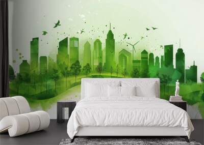 Green city illustration showcasing a harmonious blend of urban architecture and lush greenery. This image represents a sustainable future where cities and nature coexist in balance. Wall mural