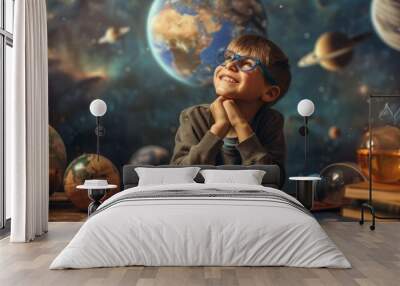 Happy schoolboy dreaming at astronomy lesson, student learning about space exploration and discovery, back to school concept for education and development of imagination in classroom Wall mural