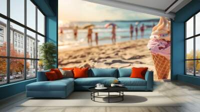 ice cream in cone sandy beach background, sunny day, outside outdoors, vacation and fun, relax and enjoy Wall mural