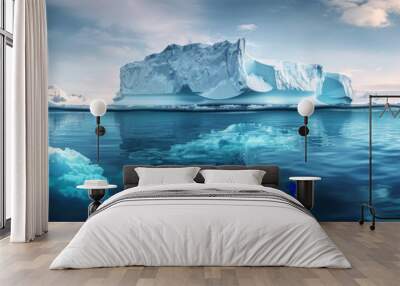 Iceberg in clear blue water and hidden danger under water. Floating ice in ocean. Arctic nature landscape. Affected by climate change. Hidden danger and global warming concept Wall mural