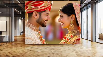 Indian groom dressed in white Sherwani with stunning bride in legenga during the Saptapadi ceremony  Wall mural