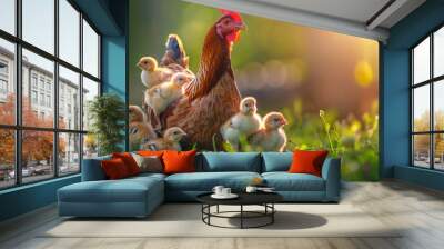 Mother hen with little chickens in a rural yard. Hen guides her brood of tiny chicks in green paddock. Free range chicken on traditional poultry farm. Organic farming, back to nature concept Wall mural