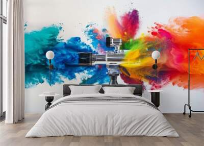 professional chrome metal airbrush acrylic color paint gun tool with colorful rainbow spray holi powder cloud explosion isolated on white panorama background industry art scale model modelling concept Wall mural