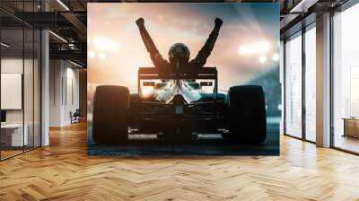 Silhouette of race car driver celebrating the win in a race against bright stadium lights. 100 FPS slow motion shot Wall mural