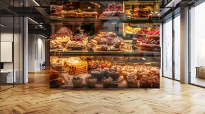 Sweet pastries with berries. Showcase in a candy store. Glass stand with cake eclairs and tartlets. refrigerator shelves with sweets. Confectioner's work space. Wall mural