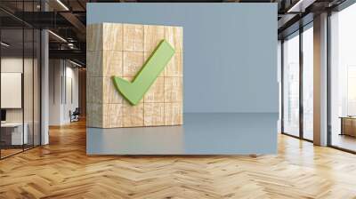 Wooden cube with green checkmark icon. Check mark, Check Mark Sign, Tick Icon, right sign,circle green checkmark button, Done. On blue background. Banner. Copy space Wall mural