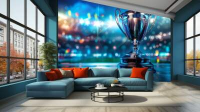 World championship winner cup trophy at sports stadium empty background. Dark night evening stylish neon lights, center or midfield. Panorama with copy space. Wall mural